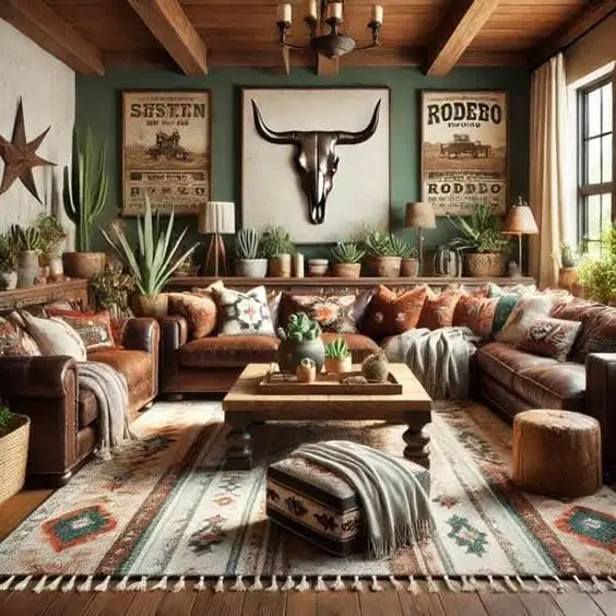 Southwestern living room with leather sectional bull skull and desert plants