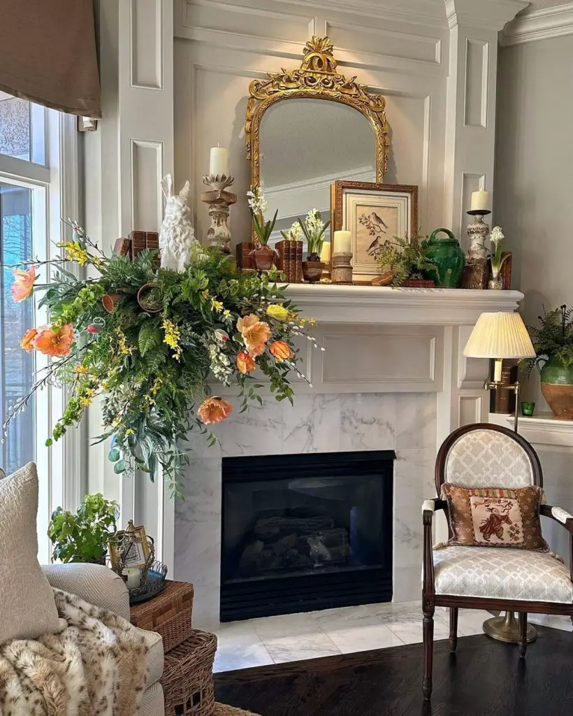 White fireplace with gold mirror and cascading spring flowers