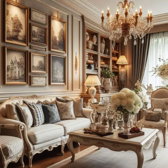 French style living room with crystal chandelier gallery wall and antique furniture