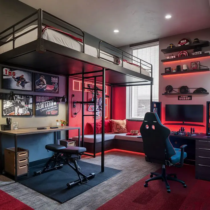 Gaming themed dorm with red lighting and loft bed setup