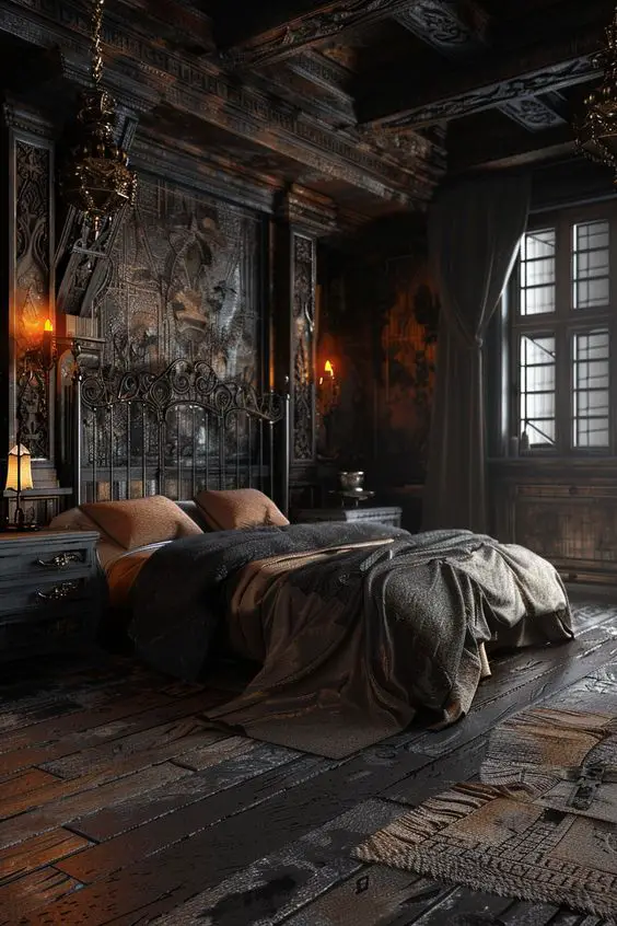 Medieval style bedroom with iron bed frame and ornate wall panels