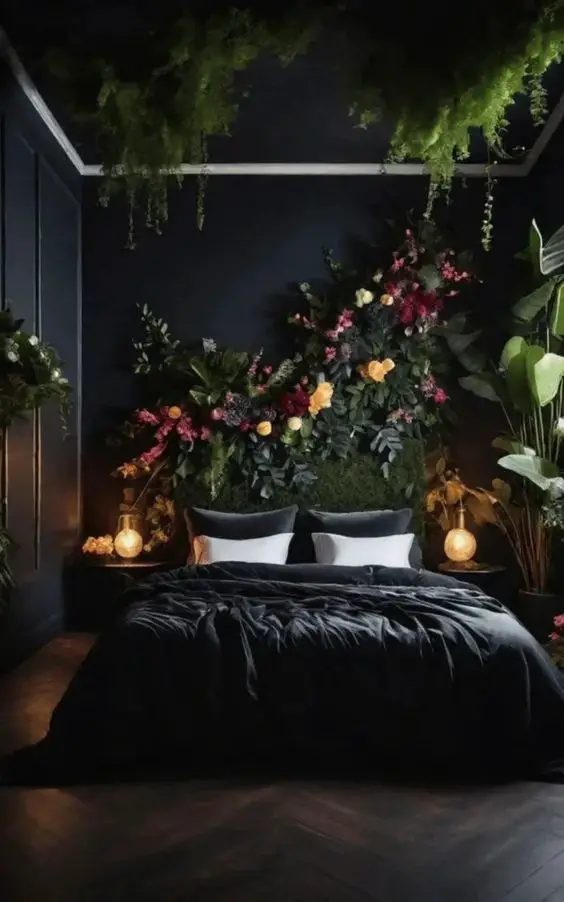 Dark bedroom with hanging plants floral arrangement and mood lighting