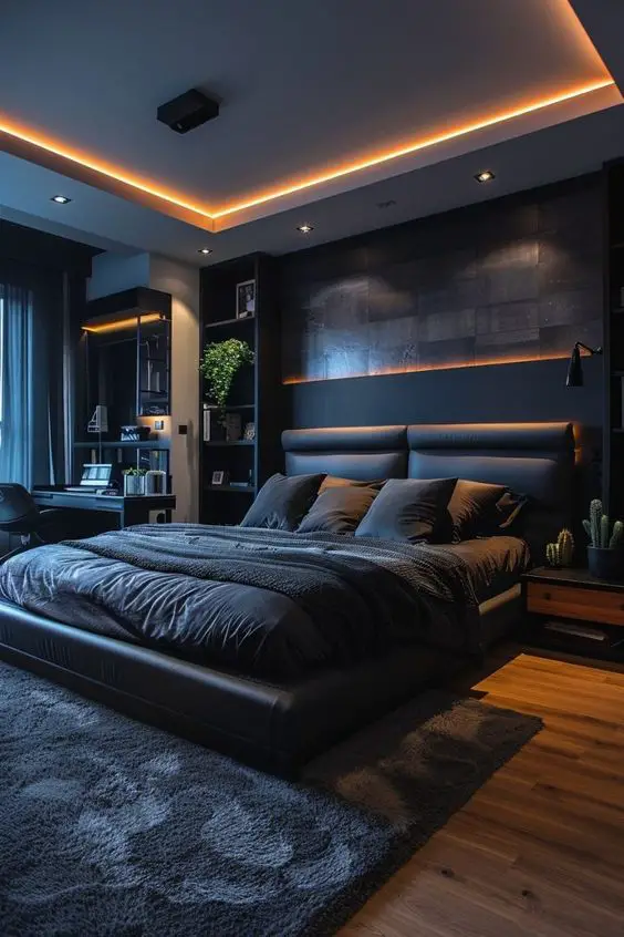 Modern dark bedroom with LED accent lighting and leather platform bed