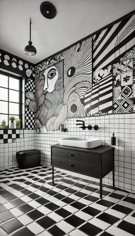 Black and white bathroom with face mural checkerboard tiles and modern fixtures