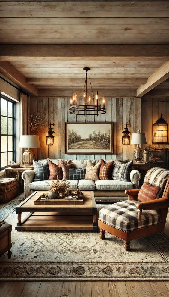 Rustic cabin living room with plaid pillows and wooden walls
