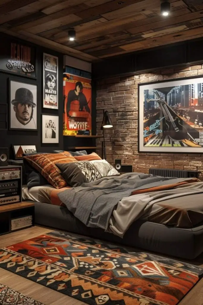 Modern bedroom with music posters audio equipment and geometric rug