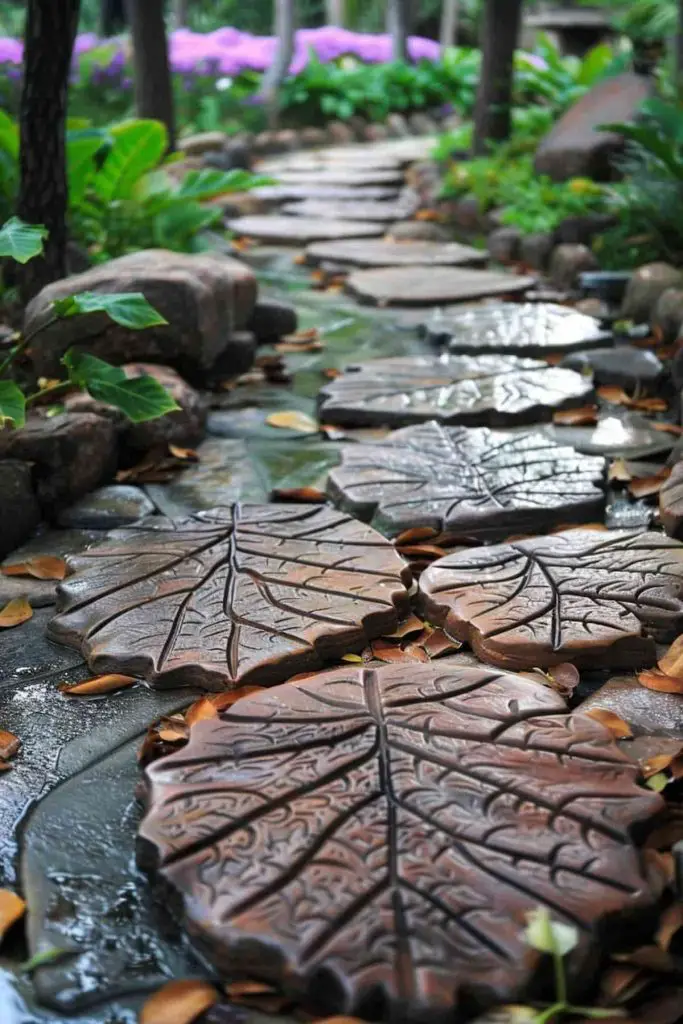 Concrete stepping stones with detailed leaf imprints among garden foliage