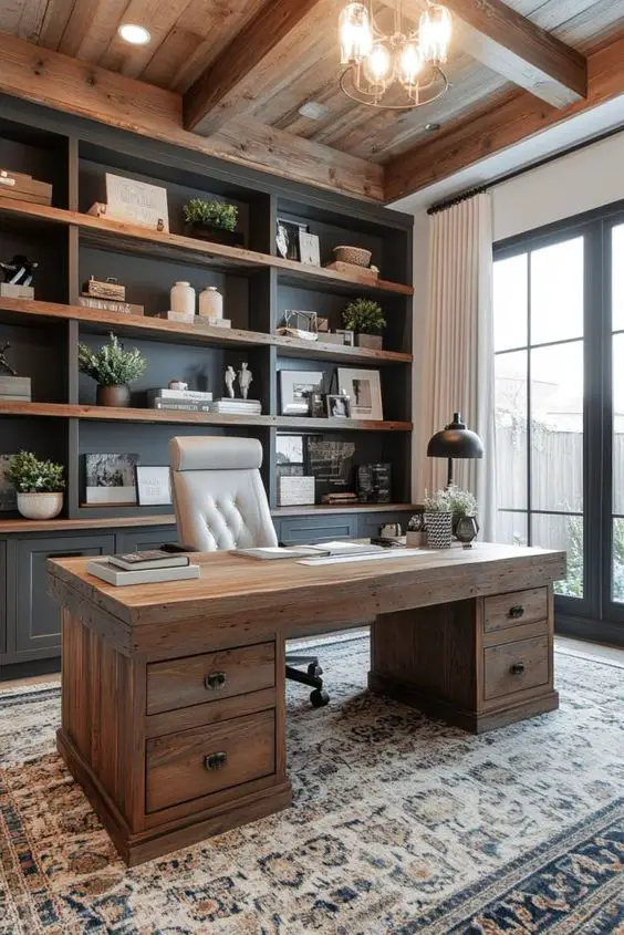 Traditional office with wood desk navy shelves and ceiling beams