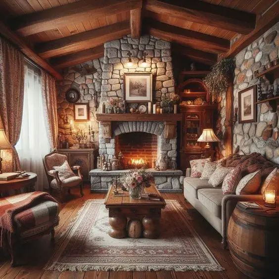 Cozy stone cottage living room with wooden beams and fireplace