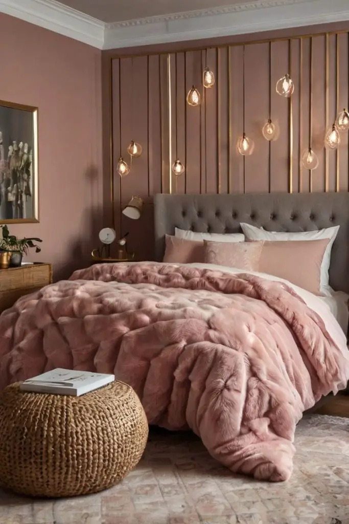 Pink bedroom with gold trim pendant lights and textured bedding