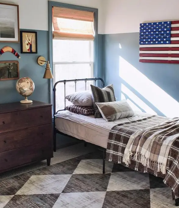 Boys bedroom with checkered floor iron bed and American decor