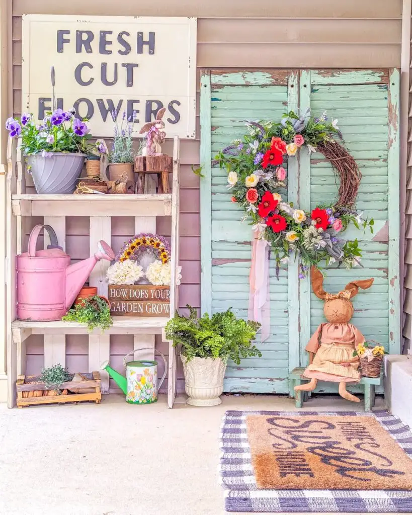 Garden display with pink watering can fresh flowers and vintage decor