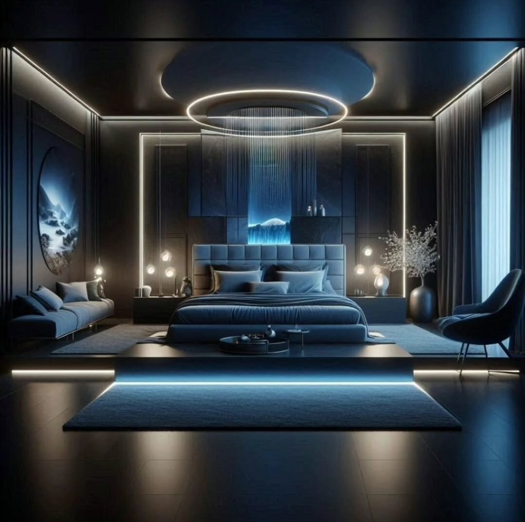 Futuristic bedroom with circular ceiling lights and blue accents