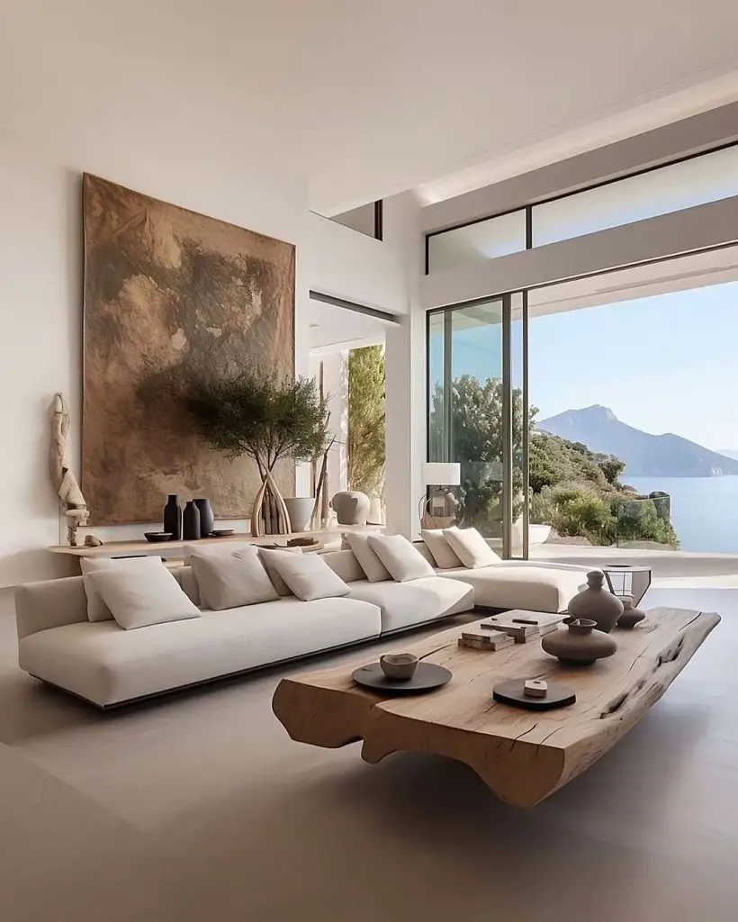 Modern coastal living room with panoramic windows white sofa and wooden coffee table