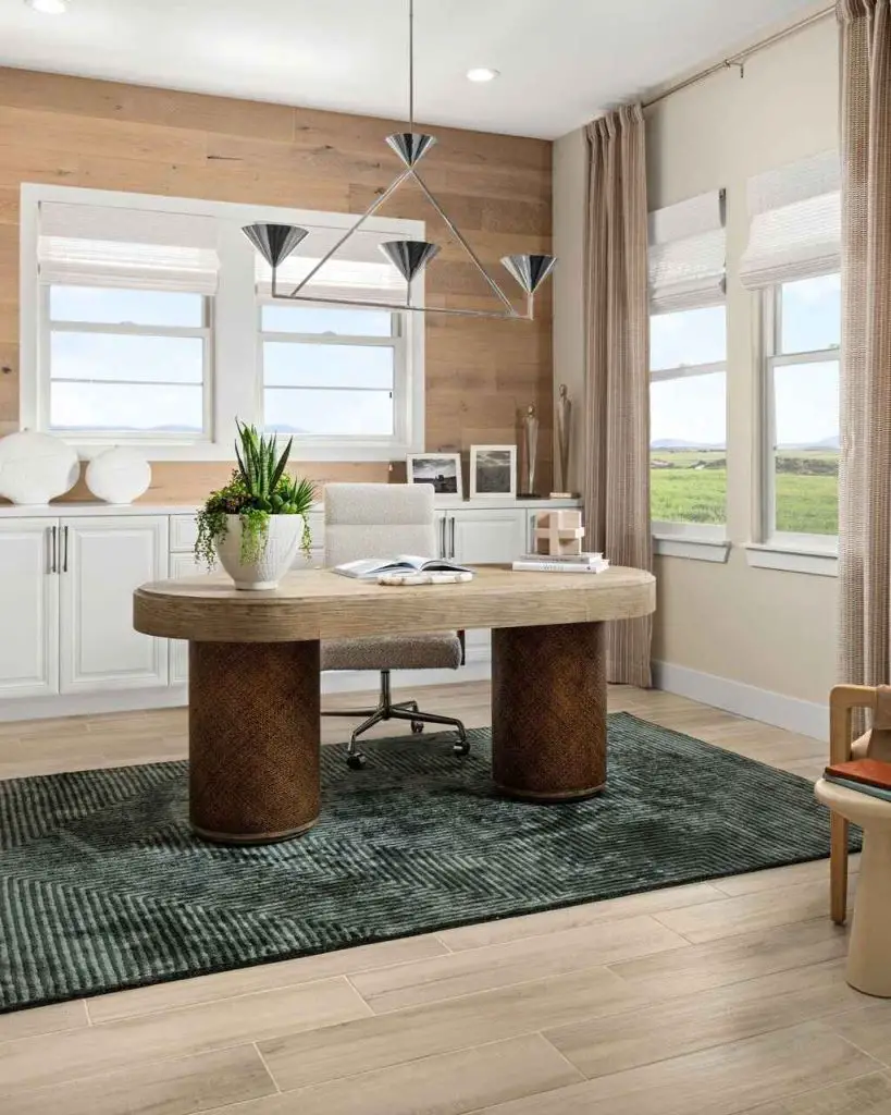 Contemporary office with stone wall black desk and floating shelves