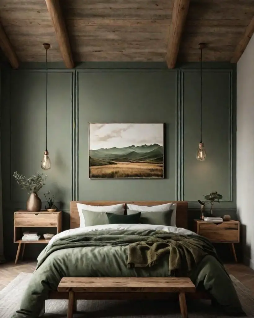 Modern rustic bedroom featuring green walls wooden furniture and mountain artwork