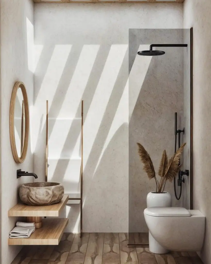 Minimalist bathroom with wooden shelves and stone sink under skylight