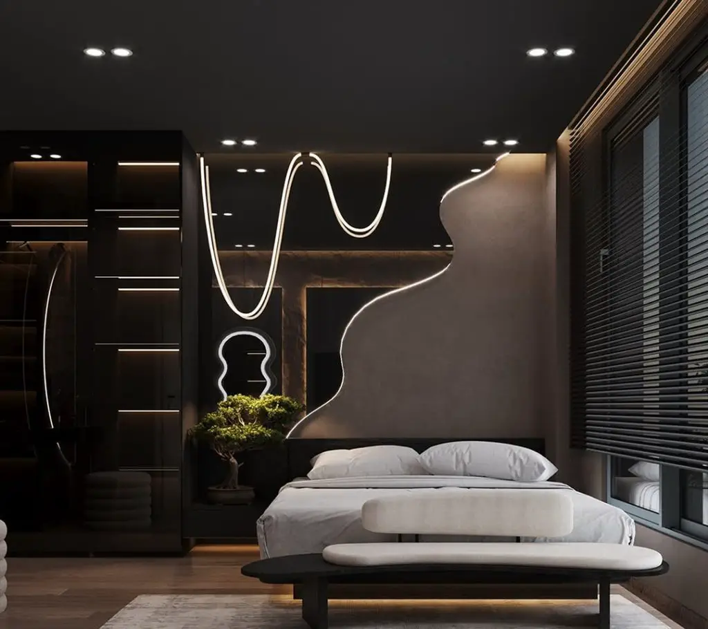 Modern tech bedroom with multiple screens and neutral decor