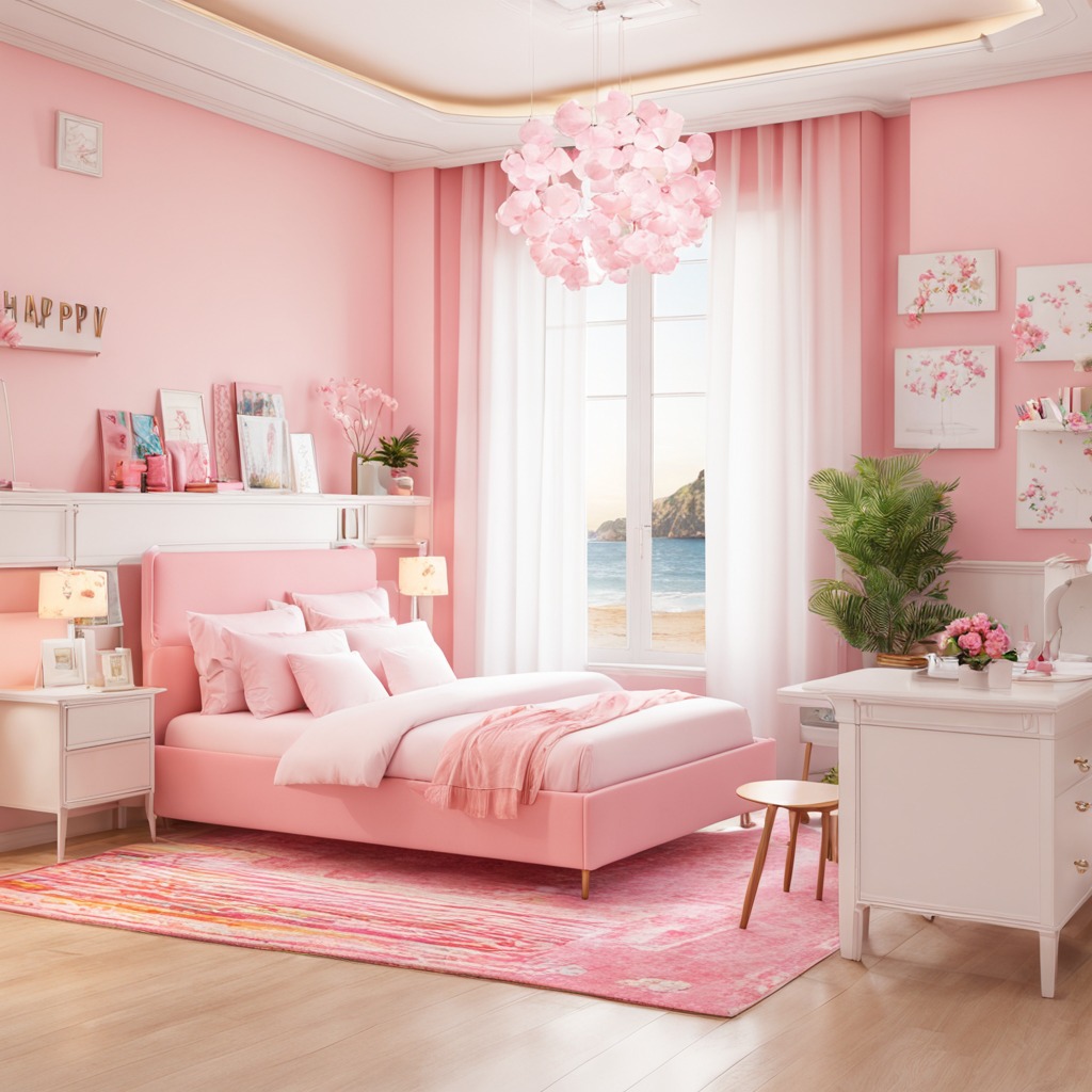Modern bedroom with pink geometric wall panels and gingham bedding