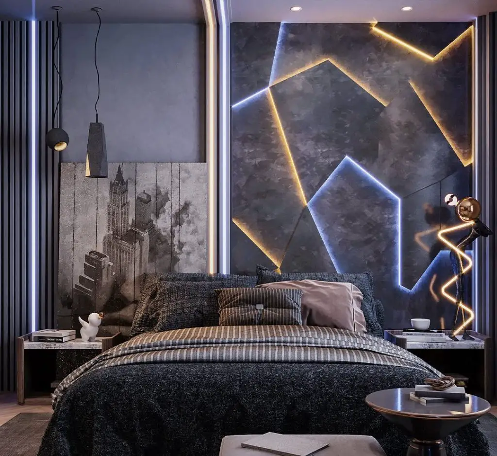 Modern bedroom with geometric LED wall lighting and hanging pendant lamps above gray bedding