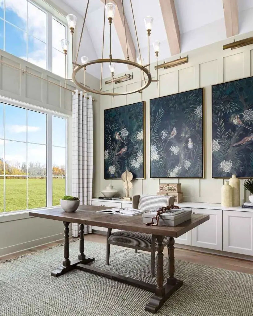Luxurious office with mountain views wooden desk and built in shelving