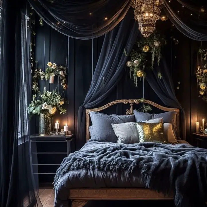 Gothic bedroom with emerald walls ornate chandeliers and velvet furnishings