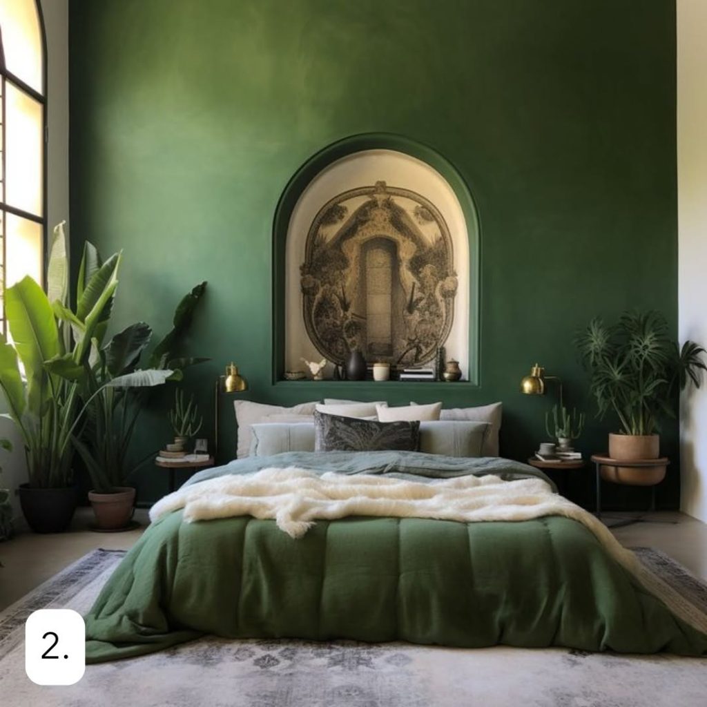 Emerald green bedroom with arched alcove and tropical plants