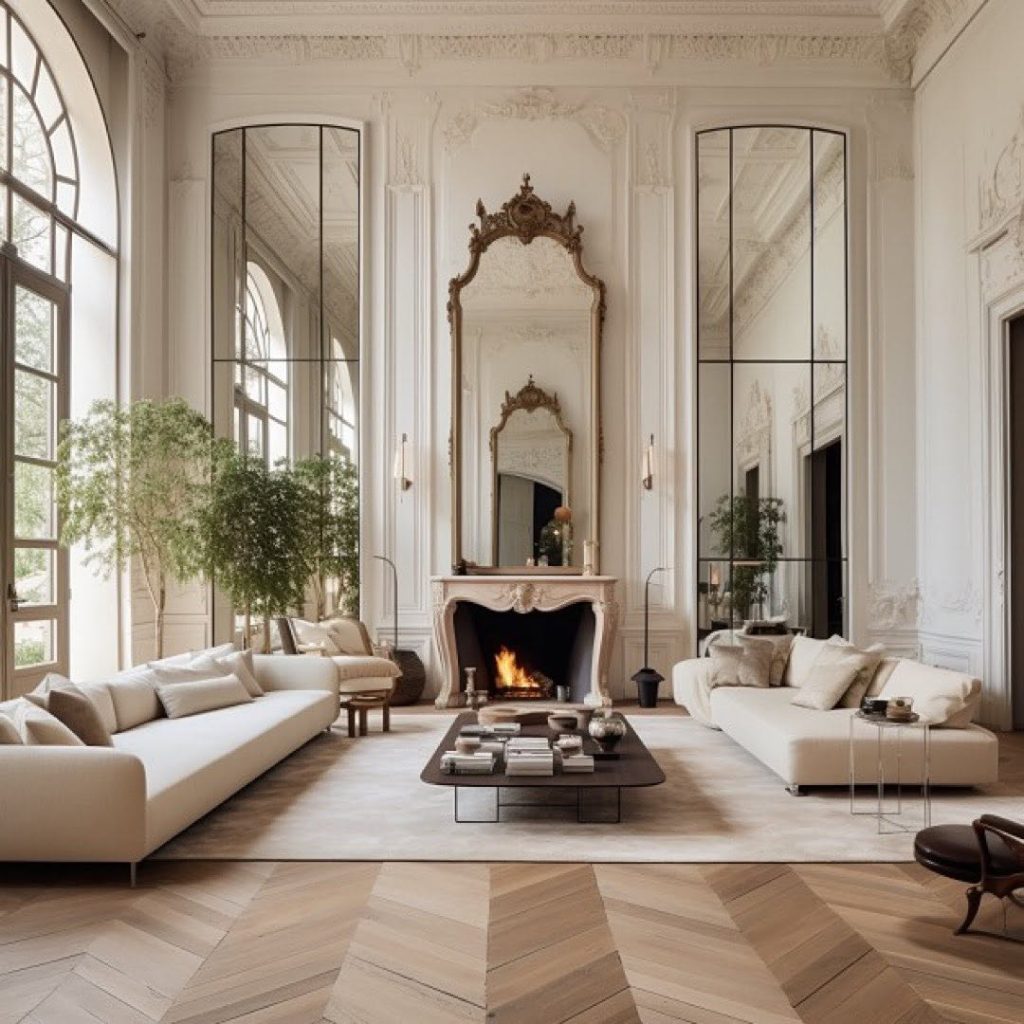 Classical living room with high ceilings ornate moldings and white sofas