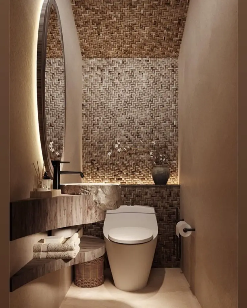 Modern powder room with woven wall texture floating stone sink and round mirror