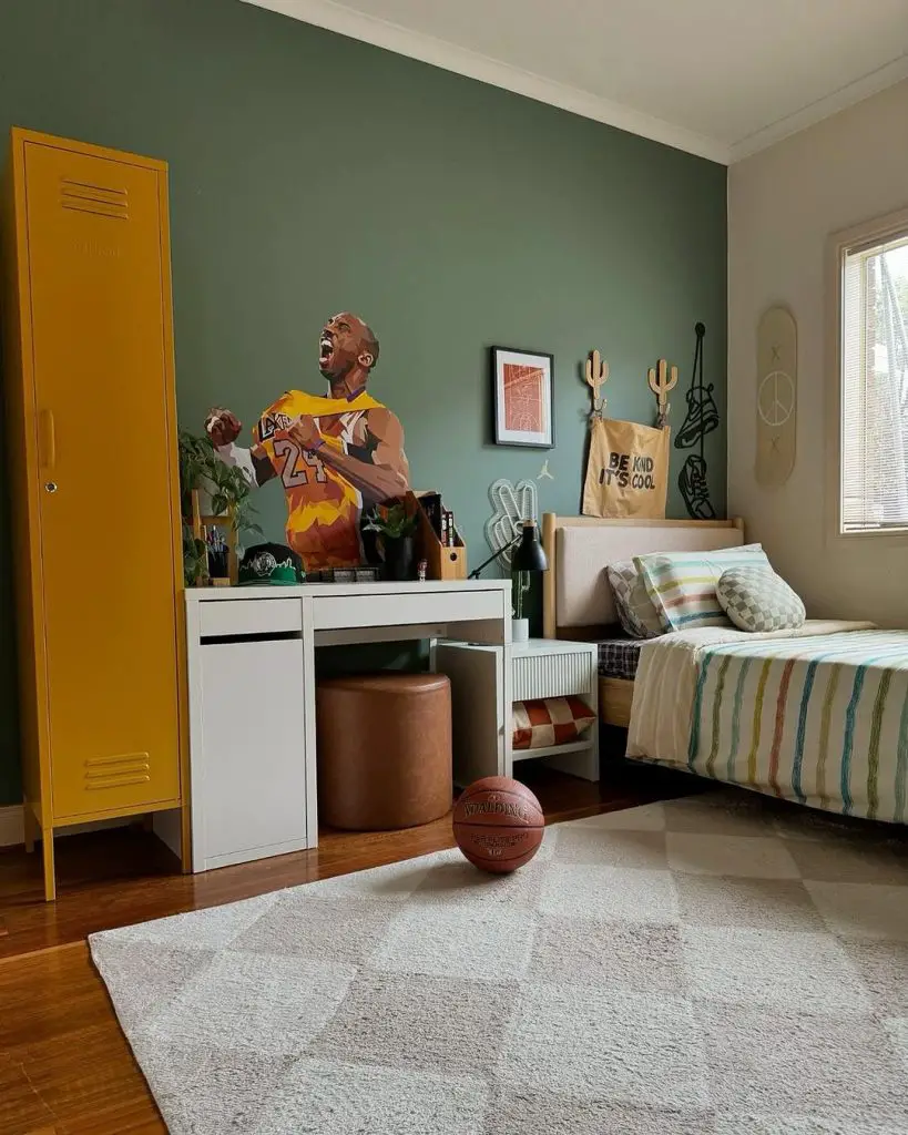 Teen bedroom with yellow locker wall art and basketball on white area rug