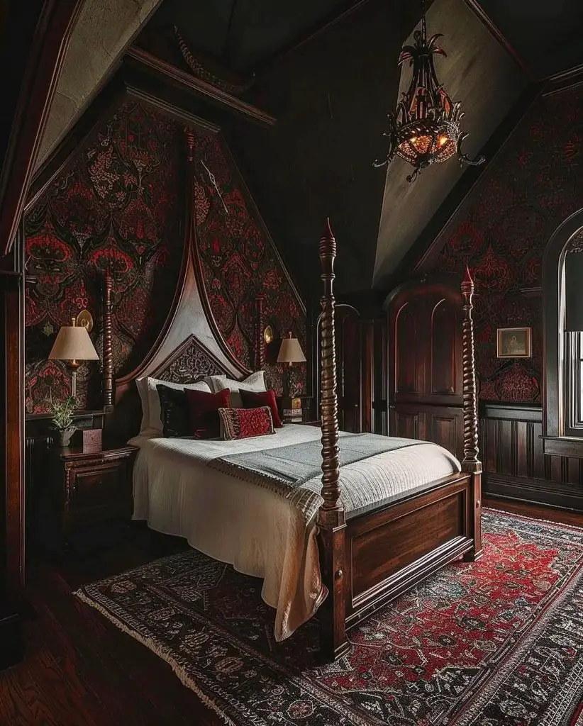 Gothic bedroom with emerald drapes crystal chandelier and ornate furniture
