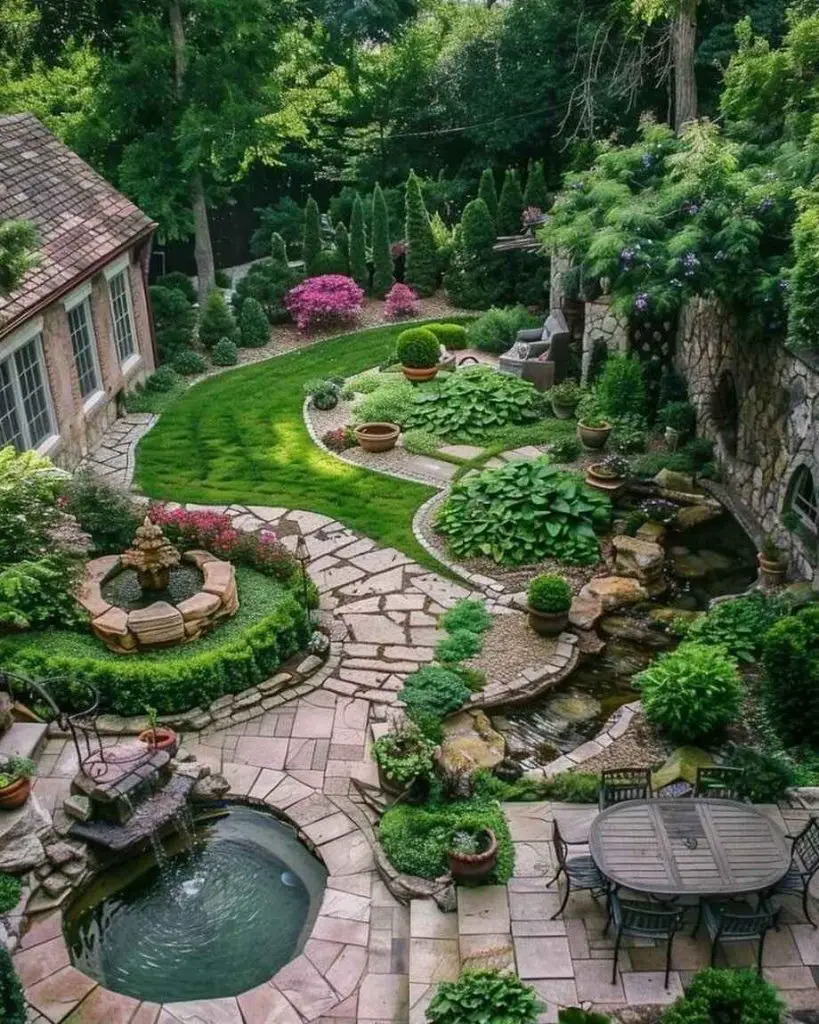 Modern concrete stepping stones with grass strips between them