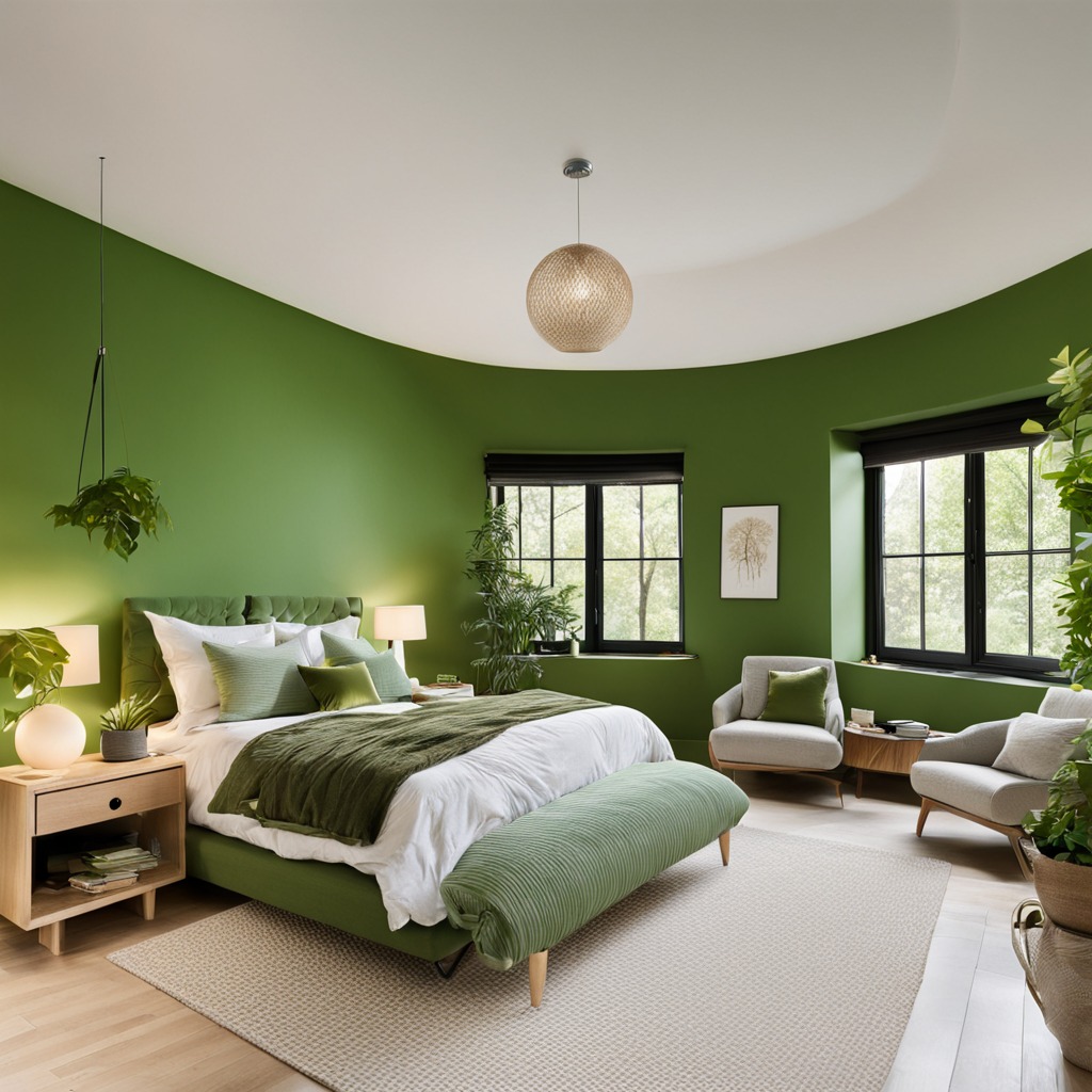 Modern green bedroom with curved windows and comfortable seating area