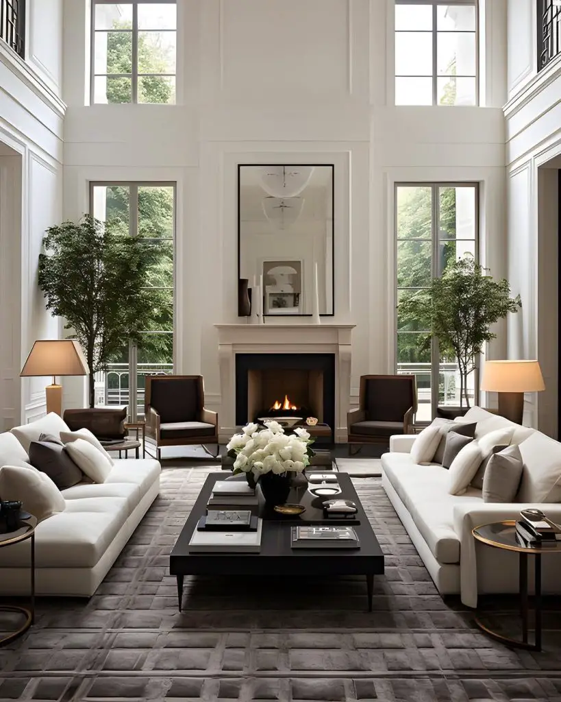 Modern living room with tall windows white sofas and indoor trees