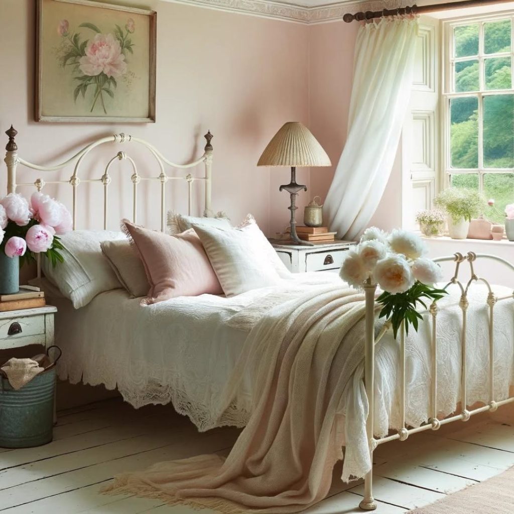Pink bedroom with iron bed frame white linens and peony bouquets