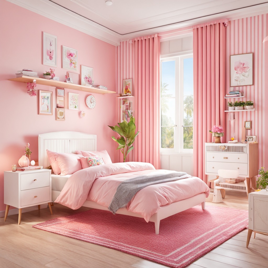 Pink bedroom with coastal view bubble chandelier and white furniture