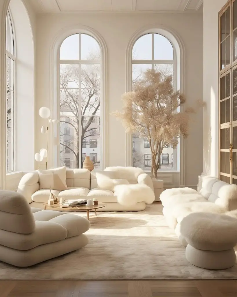 All white living room with curved sofas arched windows and wooden accents
