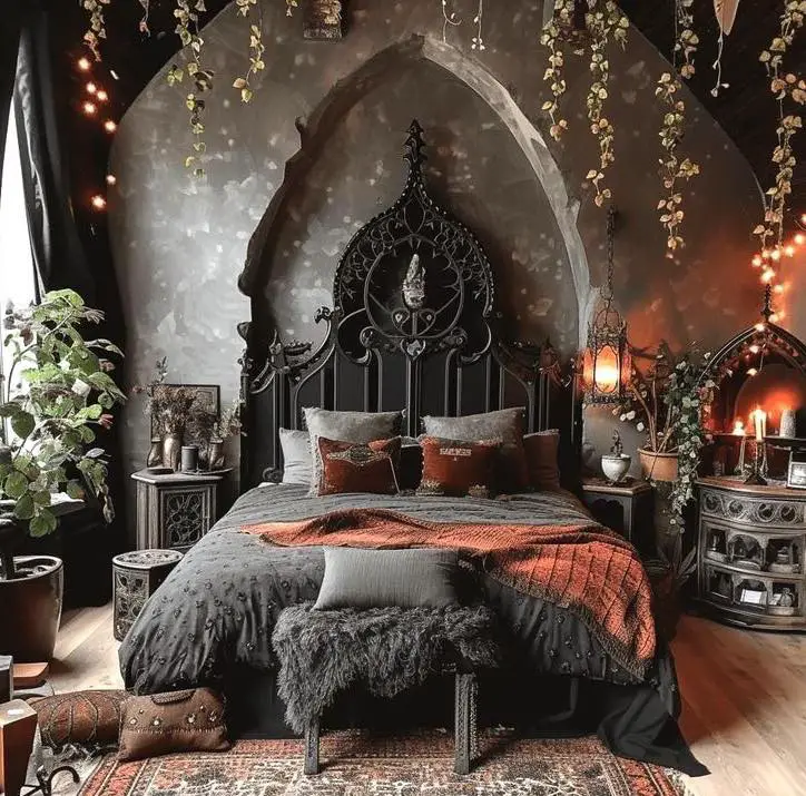 Victorian gothic bedroom with carved black bed purple silk bedding and gothic windows