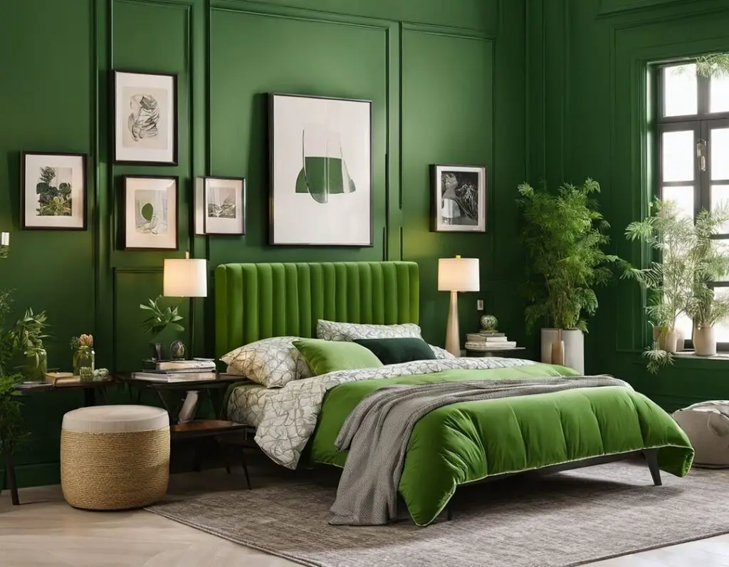 Green bedroom featuring gallery wall and velvet tufted headboard