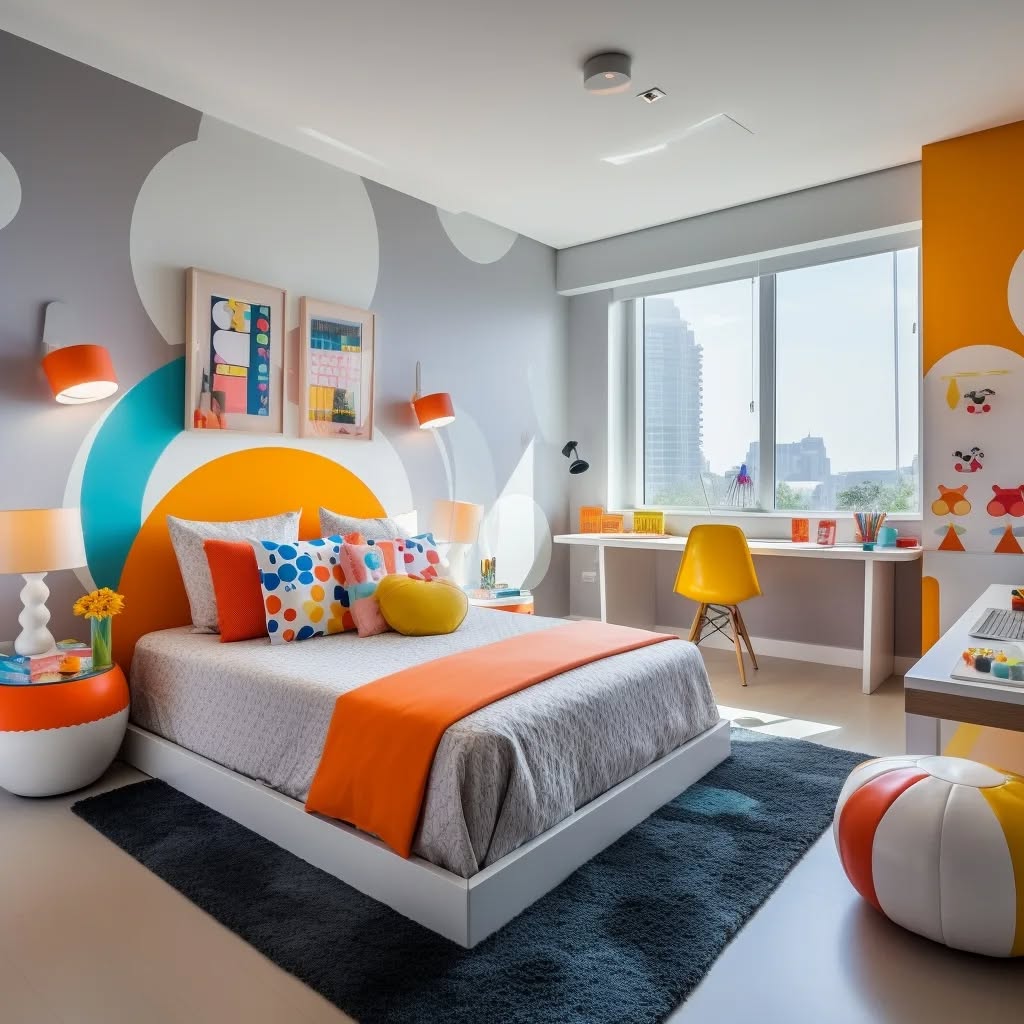 Modern kids room with colorful wall art and white bunk bed setup