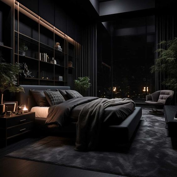 Dark bedroom with plant wall copper lighting and custom storage