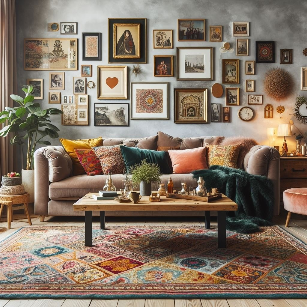 Gray sofa beneath extensive gallery wall with vintage photographs