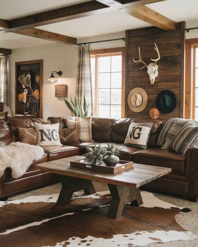 Western style living room with leather couch wooden walls and rustic decor
