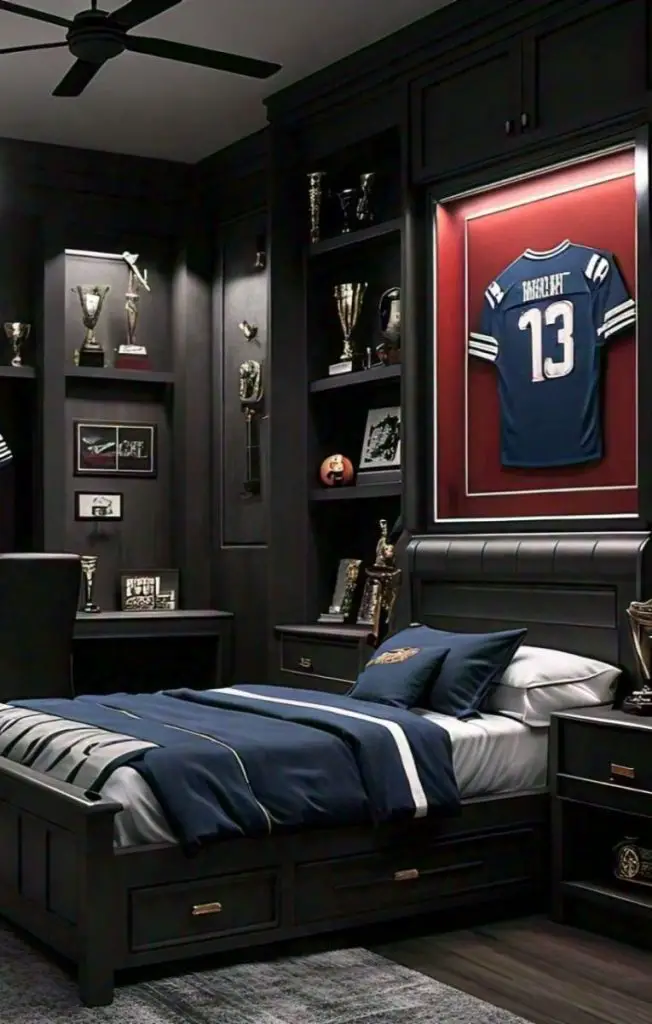 Sports themed bedroom with trophy displays and navy bedding