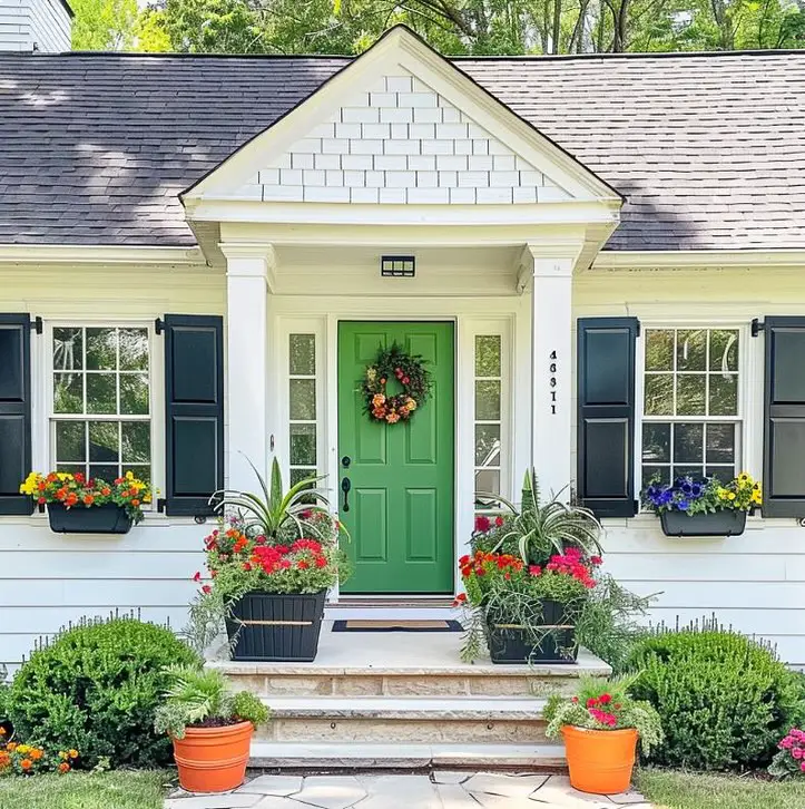 White colonial house with green door flower boxes and potted plants