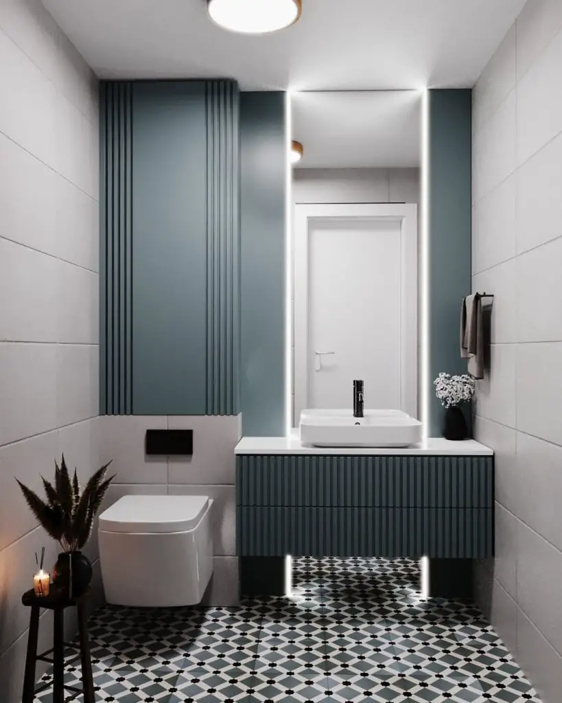 Modern bathroom with green panels patterned floor and floating vanity