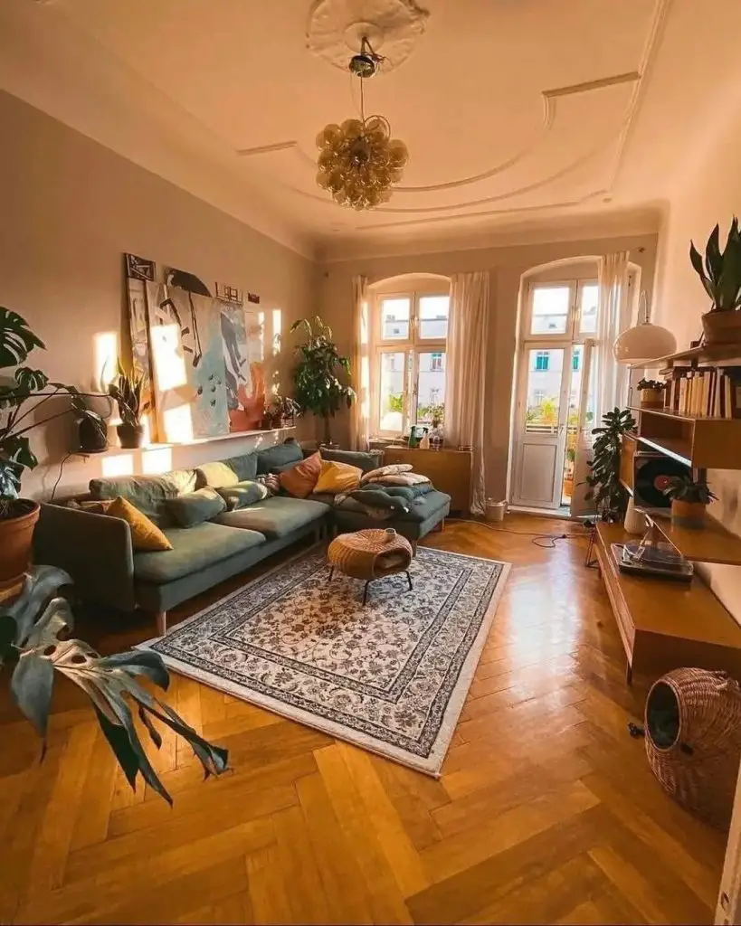 White living room with built in bookshelves and modernist furniture