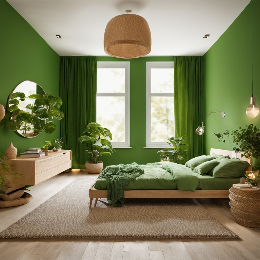 Minimal green bedroom with wooden furniture and abundant plants