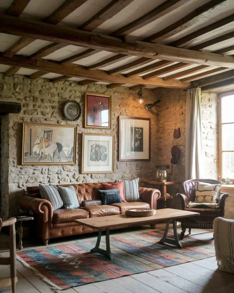 Rustic living room with stone walls leather sofa and wooden beams