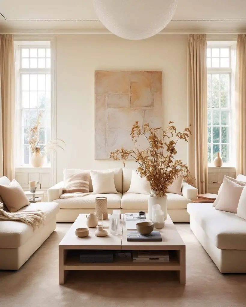 Neutral living room with white sofas abstract art and wooden coffee table